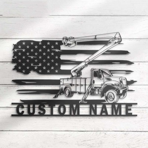 Personalized Lineman Bucket Truck Driver US Flag Heavy Equipment Home Decoration Custom Metal Sign