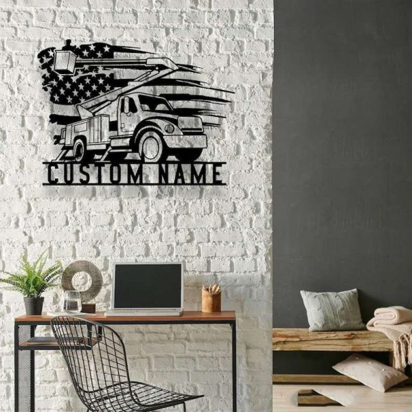 Personalized Lineman Bucket Truck Driver US Flag Home Decoration Custom Metal Sign