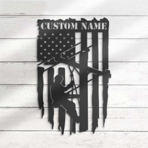 Personalized Lineman Electrician US Flag Home Decor Birthday Xmas Custom Metal Sign