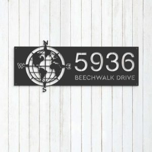 Personalized Metal Address Sign Compass Globe World Map House Number Custom Metal Sign Housewarming Gifts