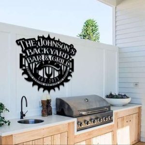 Personalized Metal Art Grill BBQ Sign Custom EST Sign for Backyard Smokehouse Outdoor Bar and Kitchen Wall Decor Perfect Gift for Dad and Family Name Decoration 4