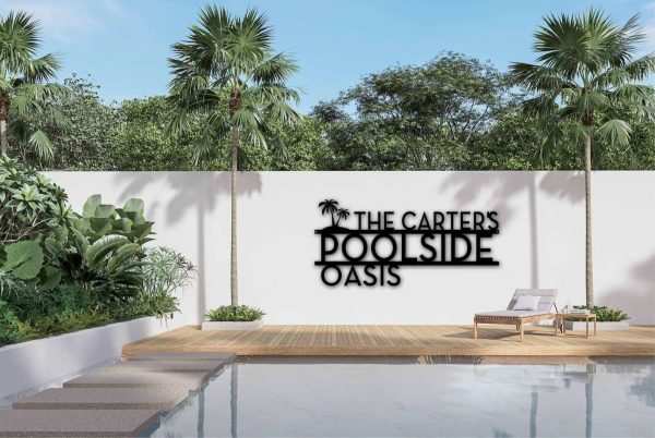 Personalized Palm Tree Oasis Sign Metal Sign Outdoor Patio Decor Poolside Home Beach Decor Housewarming Gift