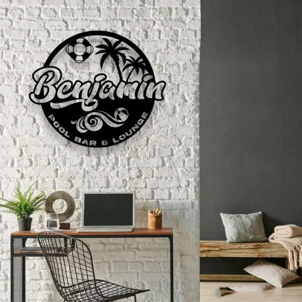 Personalized Palm Tree Pool Bar Sign Tropical Patio Name Metal Sign Home Decor Tiki Bar Oasis Decoration Housewarming Gift