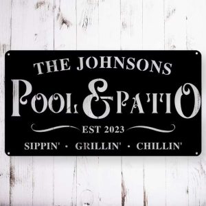 Personalized Pool And Patio Metal Sign Outdoor Pool Sign Swimming Pool Patio Home Decor Housewarming Gift