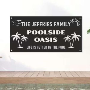 Personalized Pool Bar Signs Poolside Oasis Metal Sign Poolside Family Name Sign Outdoor Pool Sign Poolside Decor