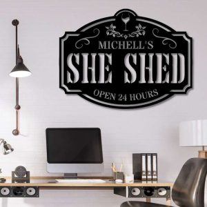 Personalized She Shed Sign Open 24 Hours Wine Glass She Shed Custom Metal Signs Housewarming Gifts