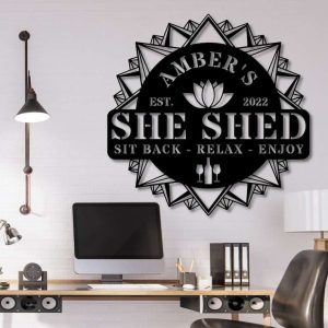 Personalized She Shed Sign Wine She Shed Sign Lotus Custom Metal Signs Housewarming Gifts