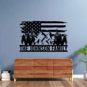 Personalized US Flag Forest Mountain Camping Custom Metal Sign