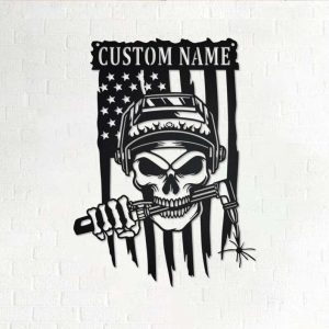 Personalized US Flag Welder Skull Ironworker Business Ofice Home Decor Custom Metal Sign 1