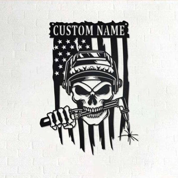 Personalized US Flag Welder Skull Ironworker Business Ofice Home Decor Custom Metal Sign