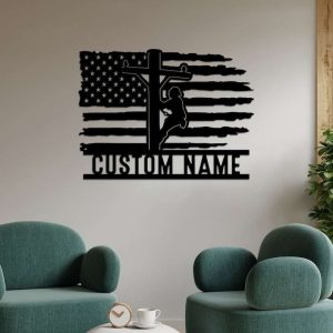 Personalized USA Flag Lineman Man Cave Decor Custom Metal Sign