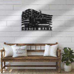 Personalized USA Flag Semi Truck Driver Sign Trucker Gift Truck Custom Metal Sign Dad Gifts