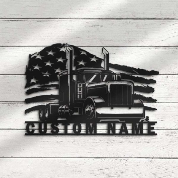 Personalized USA Flag Semi Truck Driver Sign Trucker Gift Truck Custom Metal Sign Dad Gifts