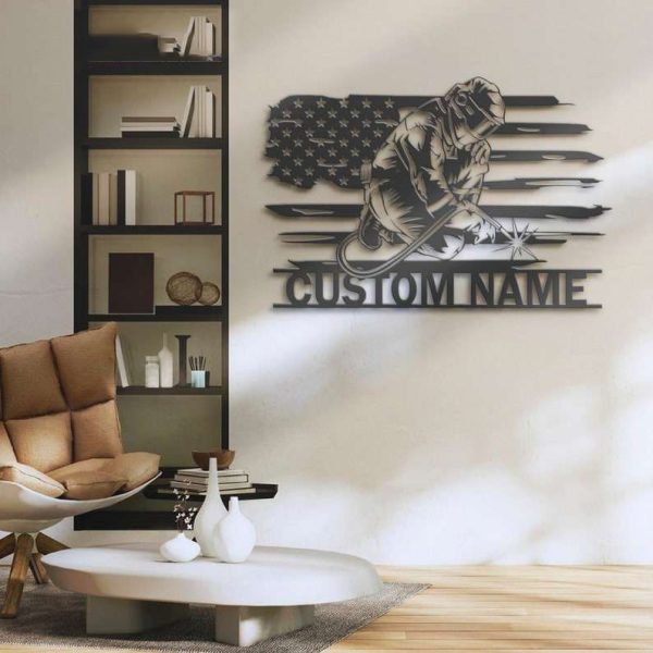 Personalized Welding US Flag Metal Wall Art Welder Name Sign Home Decor Ironworker Man Cave Custom Metal Sign