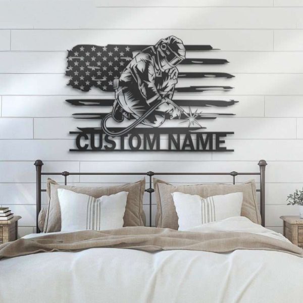 Personalized Welding US Flag Metal Wall Art Welder Name Sign Home Decor Ironworker Man Cave Custom Metal Sign