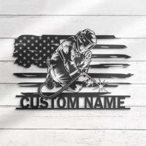 Personalized Welding US Flag Metal Wall Art Welder Name Sign Home Decor Ironworker Man Cave Custom Metal Sign