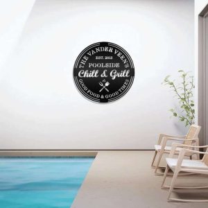 Personalized Poolside Grill Metal Sign Pool And Grill BBQ Gifts Pool Bar Signs, Signs for Backyard Swimming Pool , Tiki Bar Pool Oasis Patio Decor Grilling Housewarming Gift