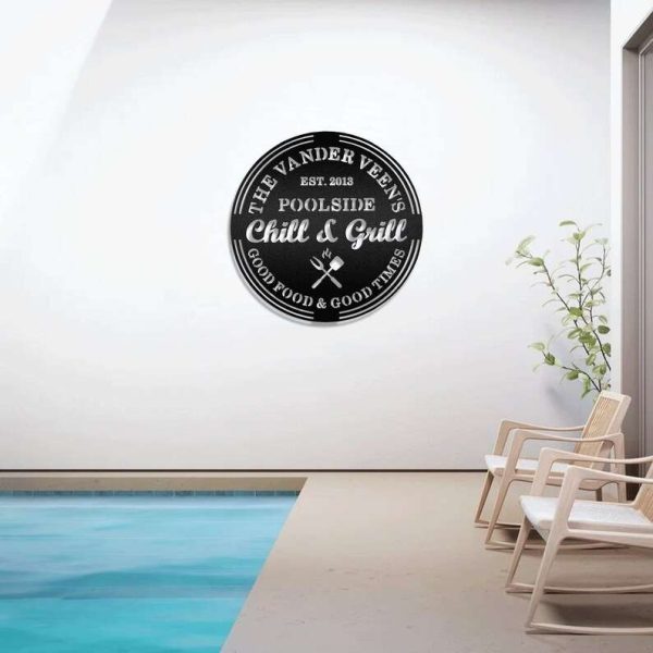 Personalized Poolside Grill Metal Sign Pool And Grill BBQ Gifts Pool Bar Signs, Signs for Backyard Swimming Pool , Tiki Bar Pool Oasis Patio Decor Grilling Housewarming Gift