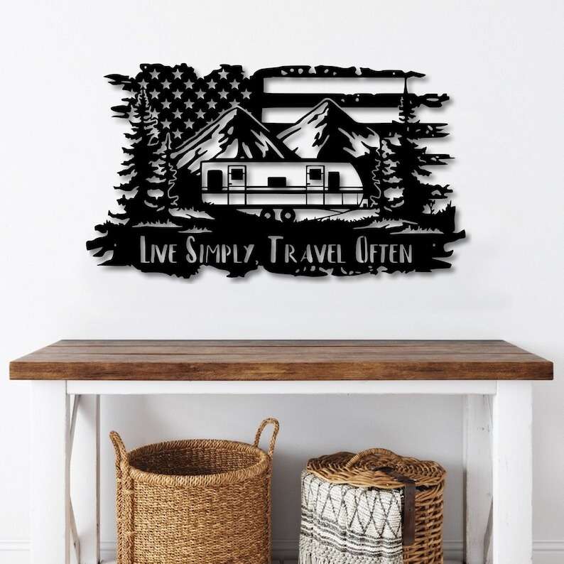Travel Trailer Camping Car Live Simply Travel Often Metal Sign Wall Art US Flag Moutain Scenery Decor Custom Metal Sign 1