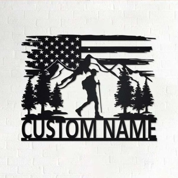 US Flag Men hiking Mountain Custom Metal Sign