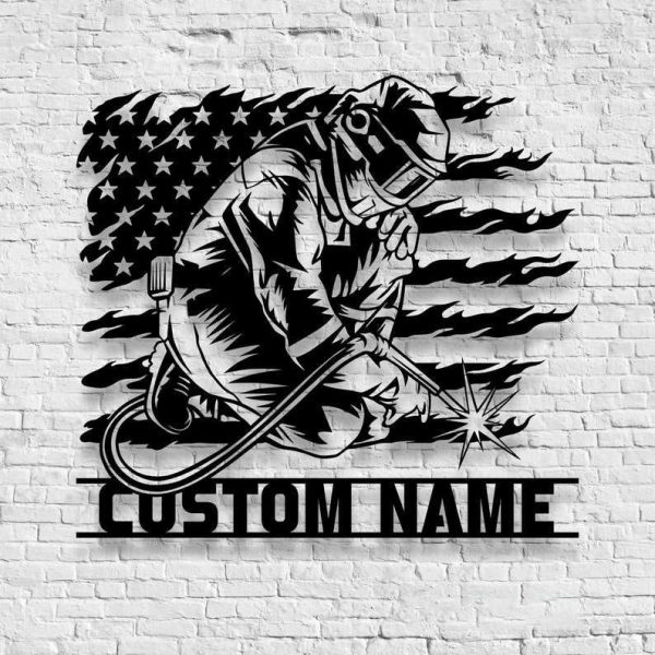 Welding US Flag Metal Wal Art Personalized Welder Name Sign Home Decor Custom Metal Sign