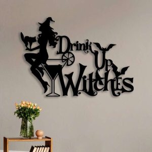 Witch Girl With Cat Metal Sign Hallloween Bar Decor Drink Up Witches Sign Food And Beverage Shop Sign Gifts For Halloween 1