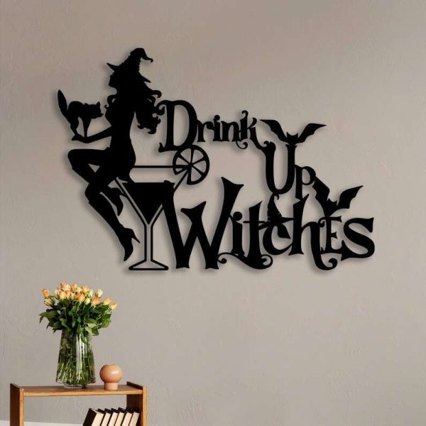 Witch Girl With Cat Metal Sign Hallloween Bar Decor Drink Up Witches Sign Food And Beverage Shop Sign Gifts For Halloween