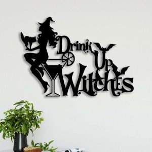 Witch Girl With Cat Metal Sign Hallloween Bar Decor Drink Up Witches Sign Food And Beverage Shop Sign Gifts For Halloween 2