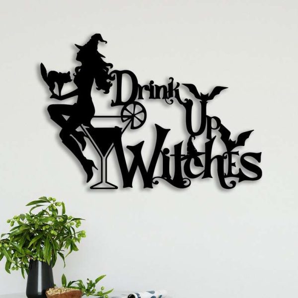 Witch Girl With Cat Metal Sign Hallloween Bar Decor Drink Up Witches Sign Food And Beverage Shop Sign Gifts For Halloween