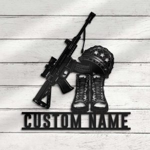 Personalized AR 15 Gun Boot Helmet Battle Soldier Sign Independence Day Veteran Day Patriotic Decor Custom Metal Sign 3