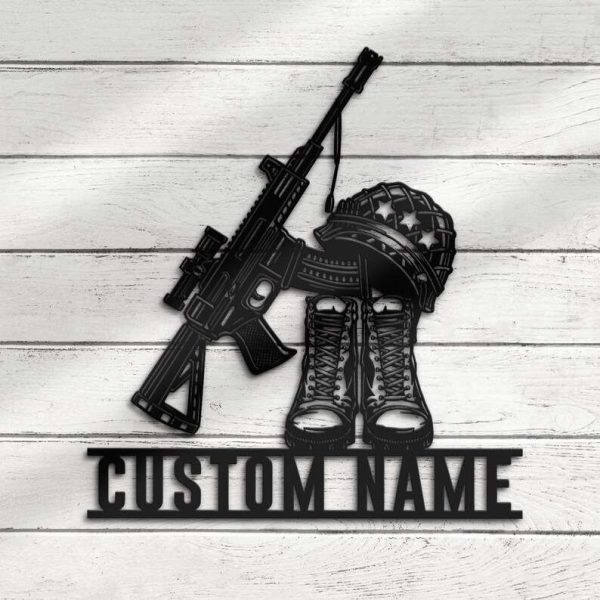 Personalized AR 15 Gun Boot Helmet Battle Soldier Sign Independence Day Veteran Day Patriotic Decor Custom Metal Sign