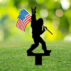Personalized American Flag Bigfoot Peace Sign Bigfoot Say Hi Independence Day Veteran Day Patriotic Decor Custom Metal Sign 3
