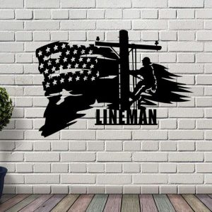 Personalized American Flag Lineman Metal Wall Art Electrician Custom Metal Sign 1