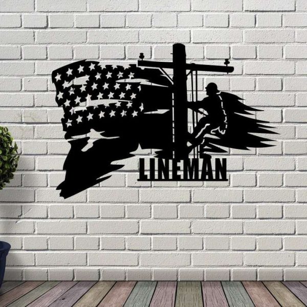 Personalized American Flag Lineman Metal Wall Art Electrician Custom Metal Sign