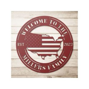 Personalized American Flag Sign Welcome to Our Home Independence Day Veteran Day Patriotic Decor Custom Metal Sign