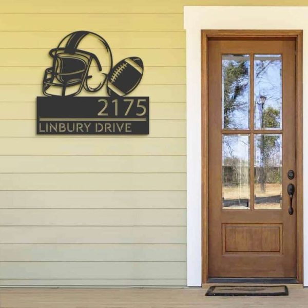Personalized American Football Helmet Sport Address Sign House Number Plaque Custom Metal Sign