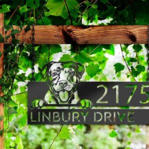 Personalized American Pitbull Dog Cute Puppy Address Sign House Number Plaque Custom Metal Sign 2