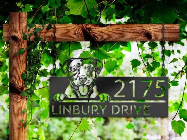 Personalized American Pitbull Dog Cute Puppy Address Sign House Number Plaque Custom Metal Sign