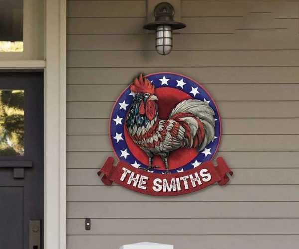 Personalized American Rooster Sign USA Flag Independence Day Veteran Day Home Decor Gift for Patriot Custom Metal Sign