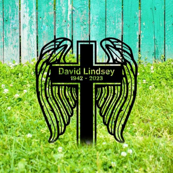 Personalized Angel Wings Cross Memorial Sign Yard Stakes Grave Marker Cemetery Decor Custom Metal Sign