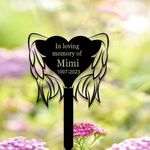 Personalized Angel Wings Heart Memorial Sign Yard Stakes Grave Marker Cemetery Decor Custom Metal Sign 1 1