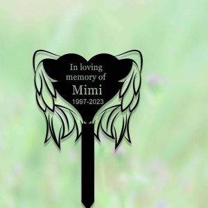 Personalized Angel Wings Heart Memorial Sign Yard Stakes Grave Marker Cemetery Decor Custom Metal Sign 1