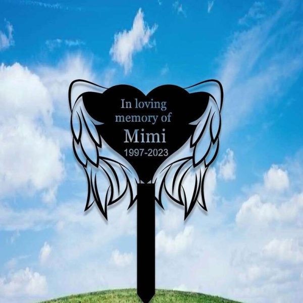 Personalized Angel Wings & Heart Memorial Sign Yard Stakes Grave Marker Cemetery Decor Custom Metal Sign