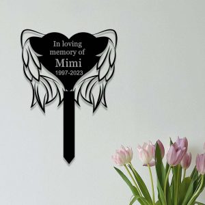 Personalized Angel Wings Heart Memorial Sign Yard Stakes Grave Marker Cemetery Decor Custom Metal Sign 3