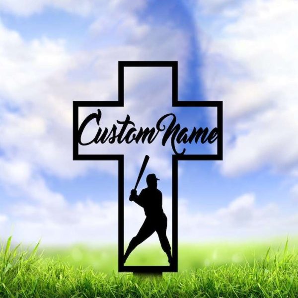 Personalized Baseball Player Memorial Sign Yard Stakes Baseball Cross Grave Marker Cemetery Decor Custom Metal Sign