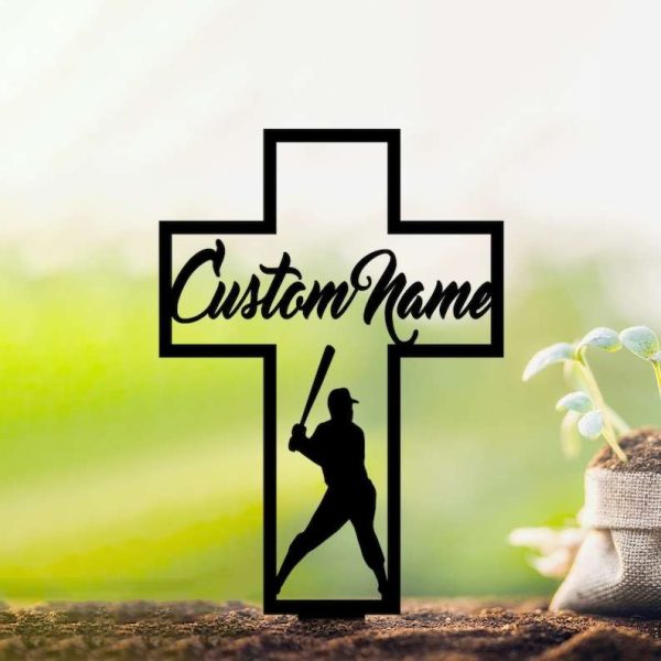 Personalized Baseball Player Memorial Sign Yard Stakes Baseball Cross Grave Marker Cemetery Decor Custom Metal Sign