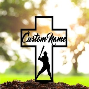 Personalized Baseball Player Memorial Sign Yard Stakes Baseball Cross Grave Marker Cemetery Decor Custom Metal Sign 3