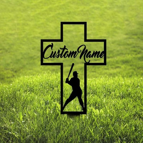 Personalized Baseball Player Memorial Sign Yard Stakes Baseball Cross Grave Marker Cemetery Decor Custom Metal Sign