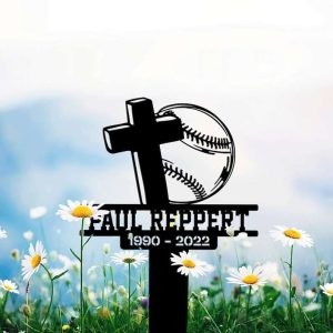 Personalized Baseball Player Memorial Sign Yard Stakes Baseball and Cross Grave Marker Cemetery Decor Custom Metal Sign 2