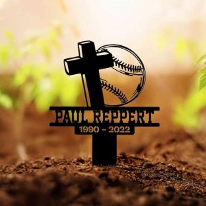 Personalized Baseball Player Memorial Sign Yard Stakes Baseball and Cross Grave Marker Cemetery Decor Custom Metal Sign 3